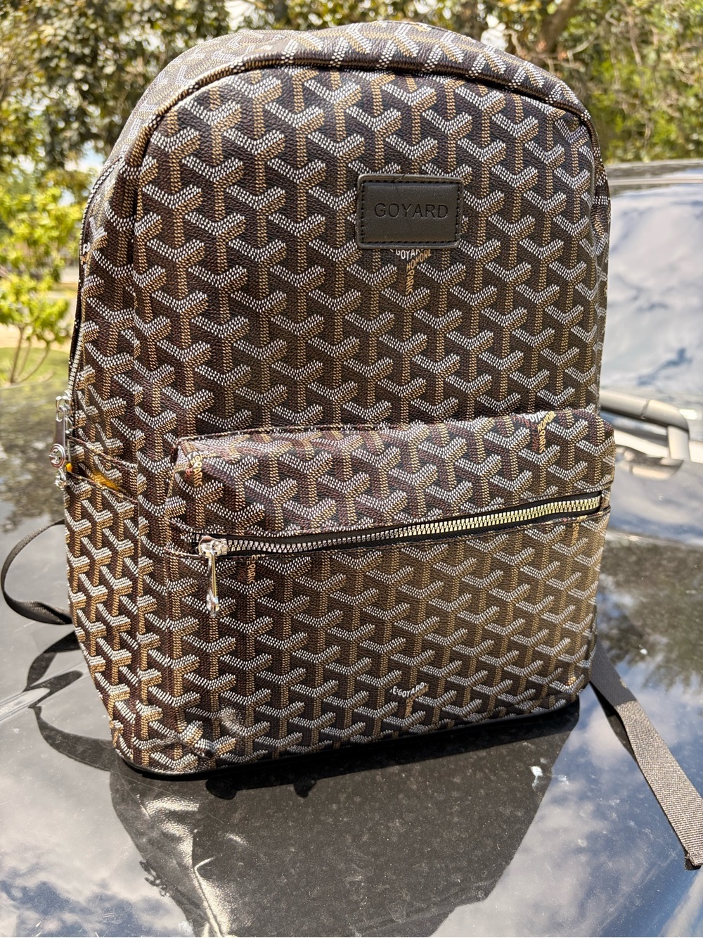 Goyard Brown & Tan Goyardine Canvas Backpack with Signature Chevron